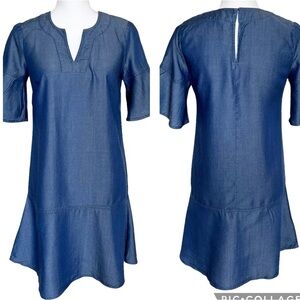Ann Taylor NWT Notch Neck Short Sleeve Chambray Shift Dress Blue Size XXS Petite